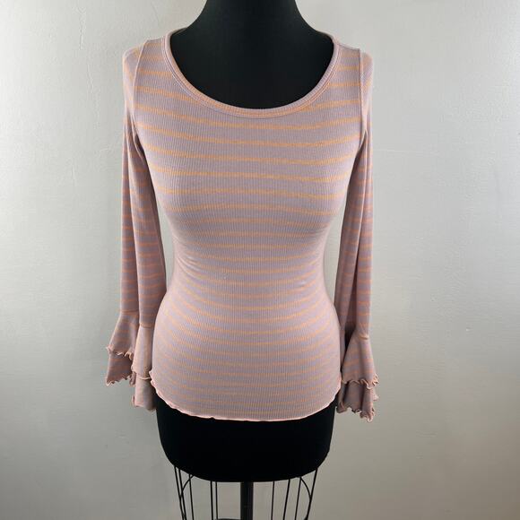 We The Free People Pink Orange Top Striped Ruffle Bell Sleeve Size X-Small XS - Picture 3 of 9